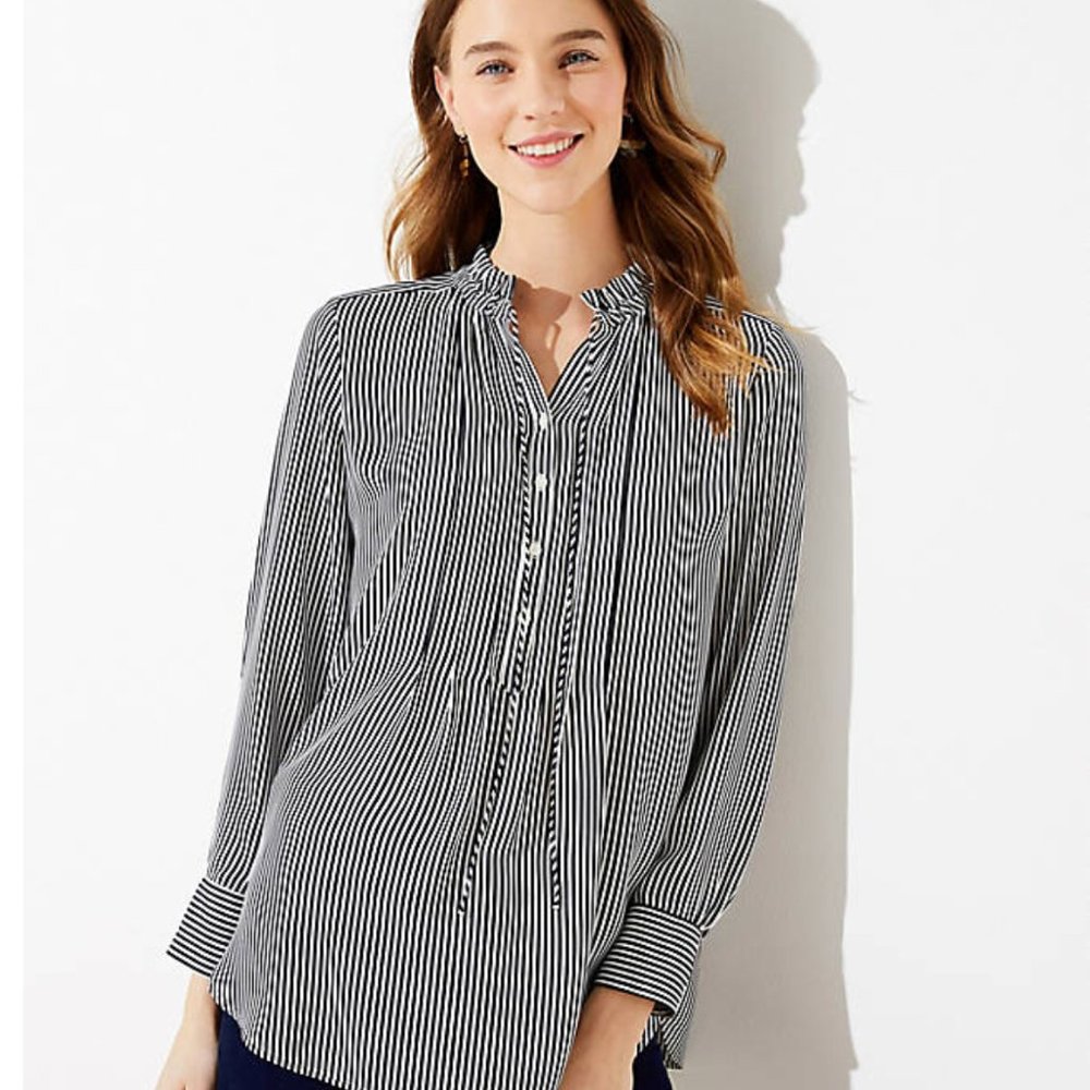 STRIPED PINTUCKED TUNIC BLOUSE
